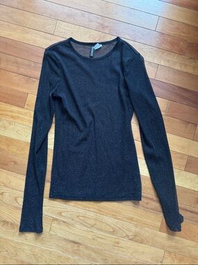 Divided Black Sheer Long-Sleeve Sparkle Crewneck Top